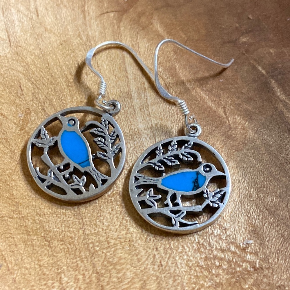 Sterling Silver Turquoise Inlayed Bird Pierced Earringa